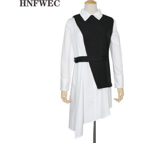 2020 New Turn-down Collar Full Sleeves White Asymmetrical Cotton Shirt Dress And Black Vest Waist Belt Set U890