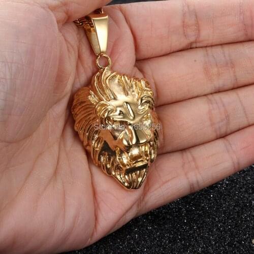 Gold Pure 316L Stainless Steel Punk Hip-Hop Biker animal Lion Pendant Mens Fashion Necklace 22" Rope Chain