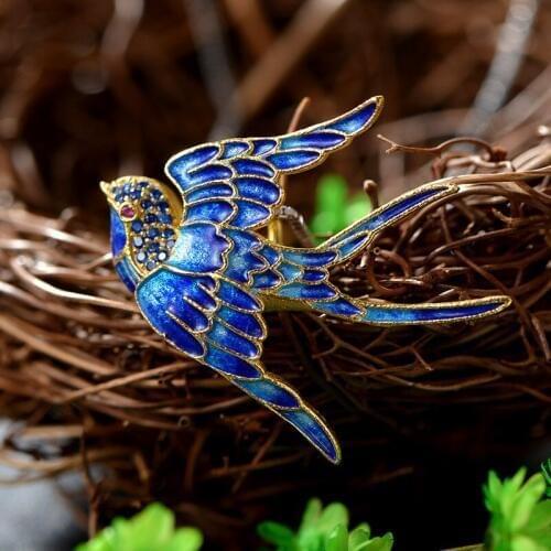 Cloisonne Jewelry Gold Pendant Shaolan Sukhothai swallow vintage jewelry inlaid CZ Pendant