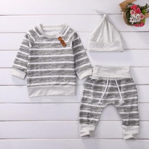 Newborn Boy Girl Cotton Clothes Striped Pullover T-shirt + High waist Pants + Solid Color Hat Casual Suit