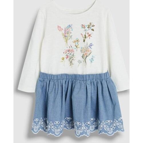 Little Maven New Spring Autumn Kids White Denim Floral Lace Patchwork O-neck Girls 2-7yrs Full-sleeved Cotton Knitted Dresses