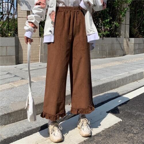 Japanese Kawaii Preppy Style Ruffles GirlS 2020 Autumn Loose Fall Women Solid Lolita Style Capris High Waist Leg Trousers Pants