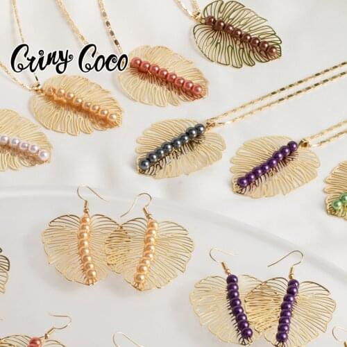 Hawaiian Monstera Leaf Jewelry Sets Polynesian Guam Marshall Gold Plated Purpple Pearl earrings necklace set for women 2021 New