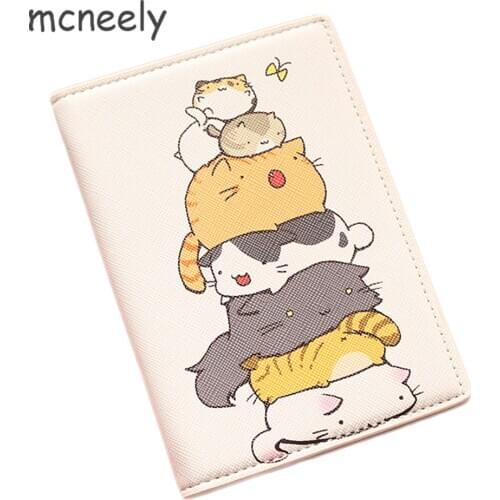 The cat imitates the arhat!! Cartoon Passport Holder ID Card Holders Passport Cover Cute Kids Leather Bank Credit Card Holder