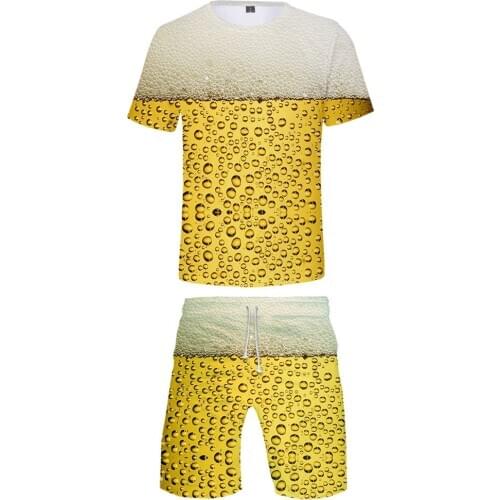 Summer Mens Sets Beer 3D Print Tracksuit Men Sportswear Casual 2 Pieces Set T-Shirt+Shorts Male Clothes Slim Sports Suits