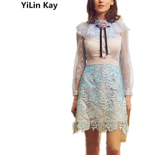 YiLin Kay High-end custom self-portrait 2020Net yarn Joining together Hollow out lace dress
