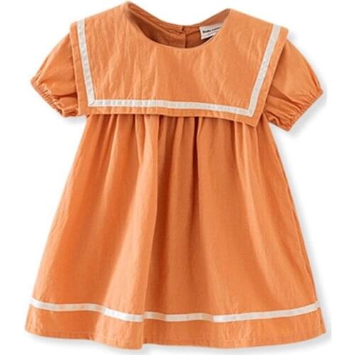 Toddler Baby Girls Summer Short Sleeve Loose Dress College Navy Sailor Style Lapel Striped Flared Button Infant Dress