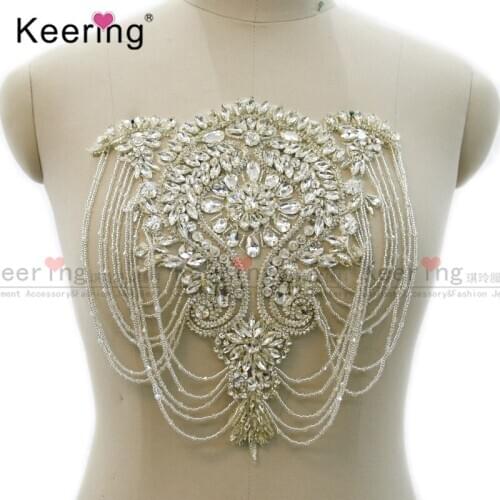 Hot Sale Silver Rhinestone Applique Bodice Tassel shoulder For Muslim Head Accessories Bridal Dress Accessory WDP-332