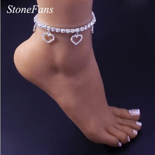 Stonefans Fashion Rhinestone Hollow Heart Ankle Bracelet for Women Beach Accessories Love Pendant Leg Chain Summer Jewelry Gift