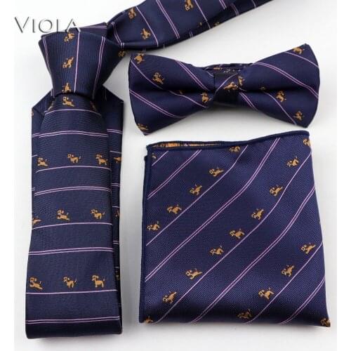 Lovely Corgi Teddy Doggy Jacquard Neck Tie Set 6cm Men Tie Butterfly Business Bowtie Hankie Pocket Square Accessory Gift