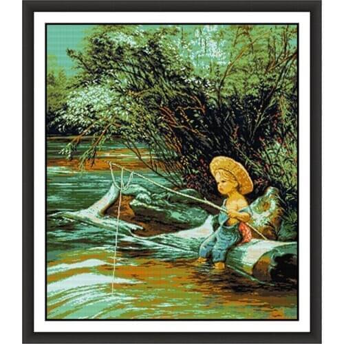Joy Sunday Little Boy Fishing Cross Stitch Kits Pattern Printed Chinese Embroidery Needlework Decorations Fit for House Presents