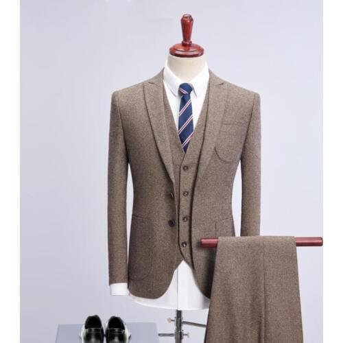 Skinny Beige Mens Wedding Costume Suit Business Fashion Male Groom Custom Slim Tuxedo 3 Pieces Smoking Jacket Vest Pant Suits