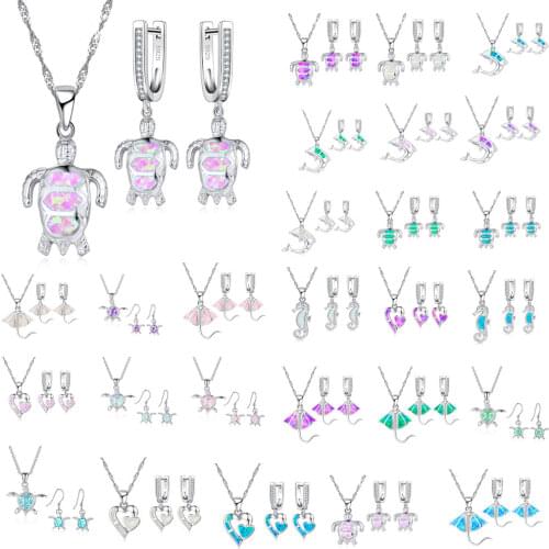 Charm Summer Cute Blue Imitation Opal Dolphin Jewelry Sets For Women Necklace And Earring Set Party Accessory Jewelry Hot Sale
