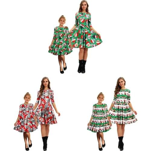 Family Matching Outfit Autumn Winter New Cat Christmas Print Mid Sleeve Mother Daughter Parent Child Dress Girl Kid Home Clothes