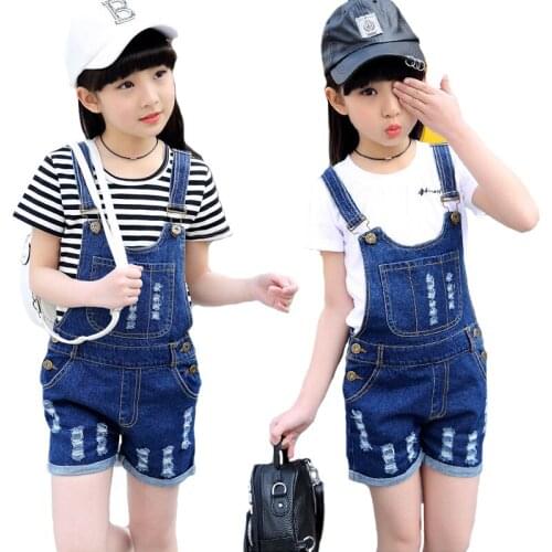 2-9 Years Summer Hole Overalls Jeans Girls Clothing Set Stripe Pure Cotton T-Shirt + Pants 2Pcs Suit Kids Birthday Present