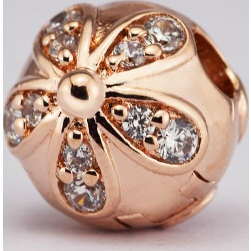 Fits For Pandora Bracelets Dazzling Daisies Clip Charms with Rose Gold Color 100% 925 Sterling-Silver-Jewelry Beads Free Ship