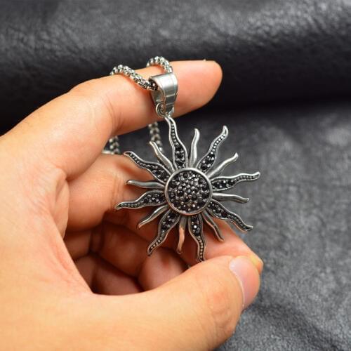 Hip hop Black stone silver color Sun Flower Charms 316L Stainless steel Pendants Accessories for Man Woman Jewelry Findings