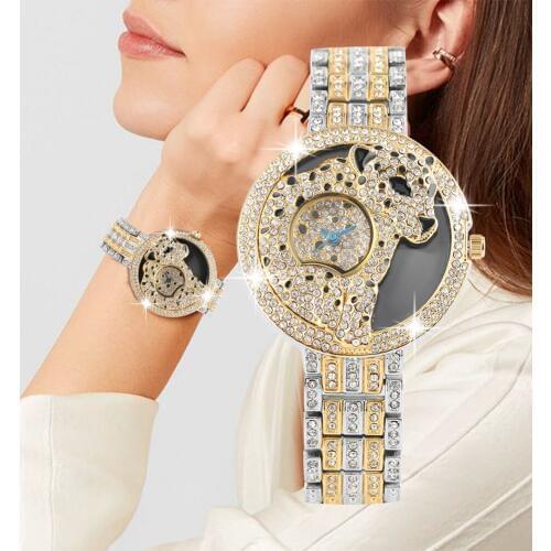 Luxurious Unique Leopard Pattern Diamond-encrusted Quartz Watch for Women Silver Alloy Skeleton Wrist Watches for Ladies
