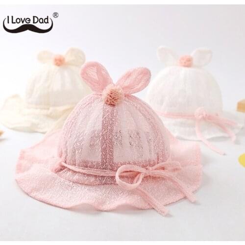 Cute Rabbit Ear Baby Hat Summer Mesh Breathable Kids Children Cap Soft Infant Outdoor Hats Girls Flower Bows Bucket Caps