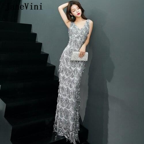 JaneVini Sexy Silver Mermaid Long Bridesmaid Dresses Deep V Neck Glitter Sequined Tassel Backless Floor Length Vestido De Festa