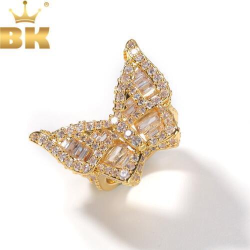 THE BLING KING Men Hiphop Ring Baguette Cluster Square Cut Large Butterfly Shape Cubic Zirconia Gold Color Party Ring Jewelry