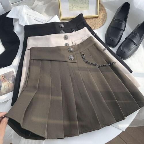 Harajuku A-Line Skirt Solid Casual Women Korean Summer High Waist Mini Skirts Ladies Sweet Kawaii Pleated Skirts Chain Punk