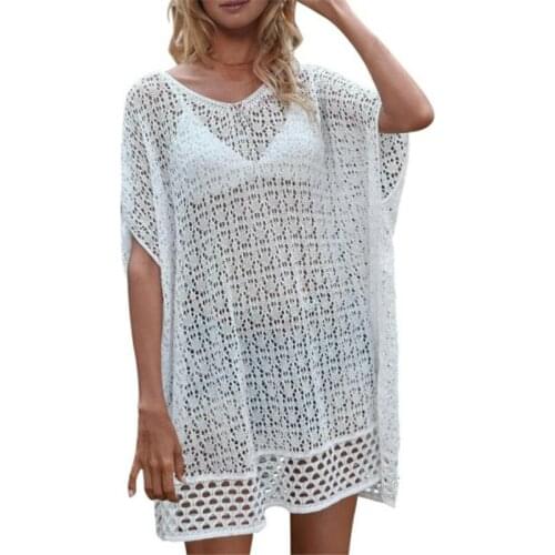 Female Beachwear Solid Color O-Neck Batwing Sleeve See-Through Blouse Bikini Cover Ups for Summer Swimwear Cover Up