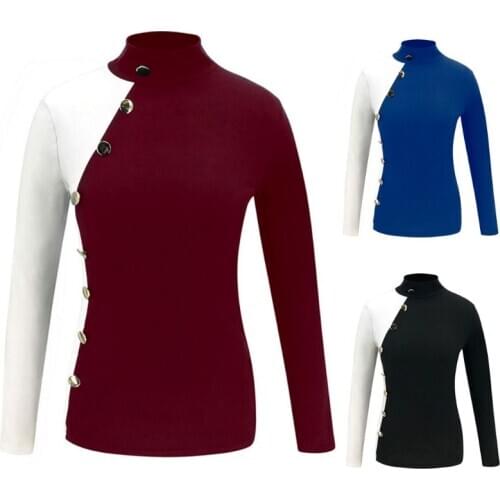 Women Long Sleeve Buttons Slim Tops Color Block Patchwork Turtleneck T-Shirts A0NF