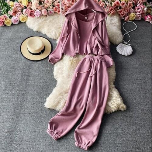 2021 New 3 Piece Set Women Suit Long-sleeve Short Jacket Cardigans Sling Tops + Casual Sweatpants Solid Hoodies Tracksuits