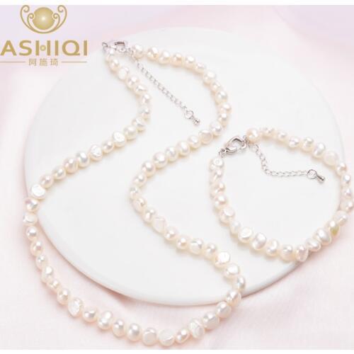 ASHIQI Natural Baroque pearl Jewelry Sets 7-8mm Real Freshwater pearl Necklace Bracelet for women New Arrival