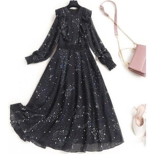 Women Sexy Black Chiffon Long Dress New 2021 Spring Summer Hollow Out Lace Waist Ruffles Lantern Sleeve Elegant Galaxy Dresses