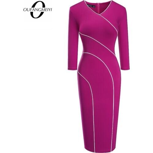 Women V Neck Elegant Charming Brief Line Patchwork Slim Fashion Morden Office Lady Pecil Dress EB610