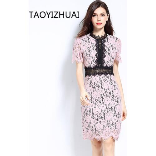 TAOYIZHUAI Summer New Hot Sheath Slim Patchwork Pink Color Asymmetrical Elegant large Size Lady Office Party Lace Dress 11562