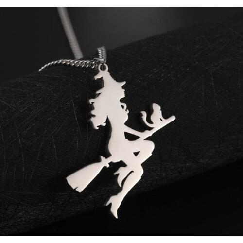 Witch Pendant Angel Necklace Halloween Jewelry Gift Collares Largos Ladies Geometric Stainless Steel Sweater Necklace Wholesale