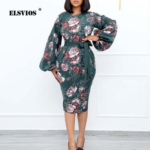Fall Fashion Ladies Profession Pencil Dress Elegant Floral Print O-neck Lantern Sleeve Long Dress Summer Women Plus Size Dresses