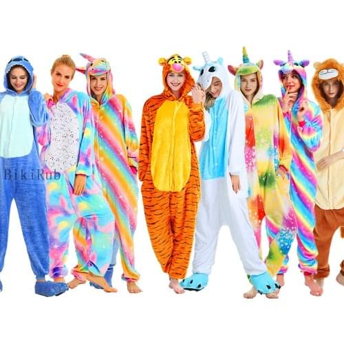 2020 Animal Stitch Unicorn Totoro Onesies Adult Teenagers Women Pajamas Flannel Warm Soft Overall Onepiece Night Home Jumpsuit