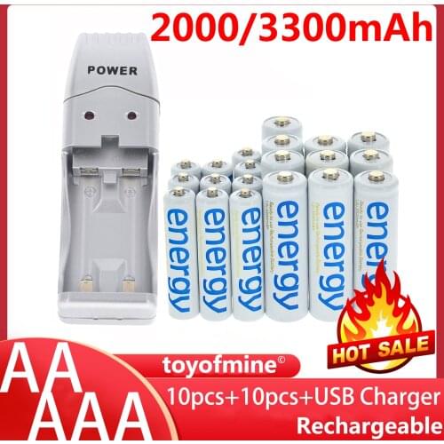 10x AA 3300mAh + 10x AAA 2000mAh White Cell Ni-Mh Energy Rechargeable Battery+ USB Charger
