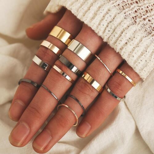 14Pcs/Set Fashion Minimalism Finger Ring Set Gold Black Metal Knuckle Rings for Women Wedding Bohemia Style Party Jewelry
