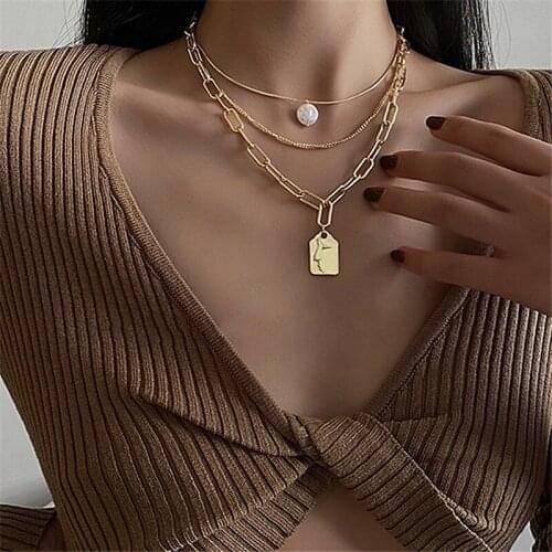 3PCS Layered Portrait Tag Pearl Necklace Vintage Punk Square Long Clavicle Chain For Women Hip Hop Boho Statement Pendant Choker