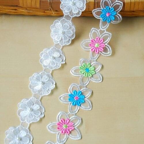 40Yards Pearls Embroidered 3D Flower Lace Trim White Daisy Floral DIY Applique Fabric Sewing Craft DIY Wedding Dress