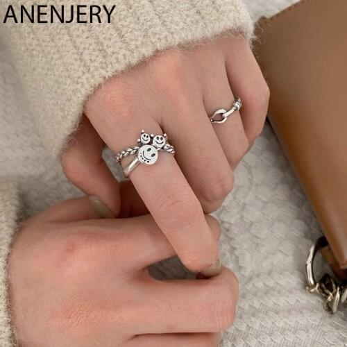 ANENJERY 925 Sterling Silver Simple Vintage Smiling Face Thai Silver Ring Cross Chain Open Finger Ring For Women Jewelry S-R664