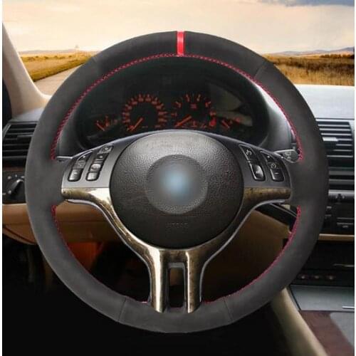 Black Suede Red Marker DIY Car Steering Wheel Cover for BMW E39 E46 325i E53 X5