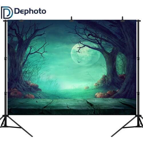 Dephoto Seamless Photography Backdrops Halloween Wood Floor Photo Backdrop Moon Ghost Tree Pumpkin Wood Floor Halloween Backgrou