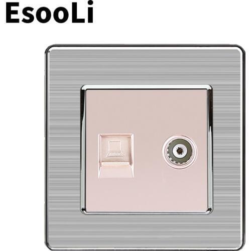 EsooLi 2 Gang RJ45 Internet Data Computer Jack CAT7 Connector With Female TV Outlet Stainless Steel Brushed Panel Wall Socket