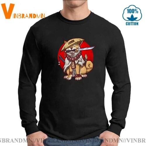 Anime Kawaii Japan Ronin Shiba Tee Tops Funny Cartoon Samurai Shiba Inu Dog T shirt Samurai Akita Dog mens Long Sleeves T-shrit