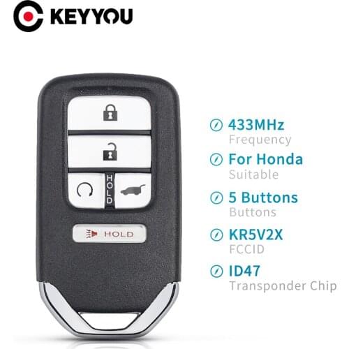 KEYYOU Smart Remote Key With ID47 Chip For Honda Piot CR-V Civic 2016 2017 2018 2019 Fob 433MHz 5 Buttons KR5V2X