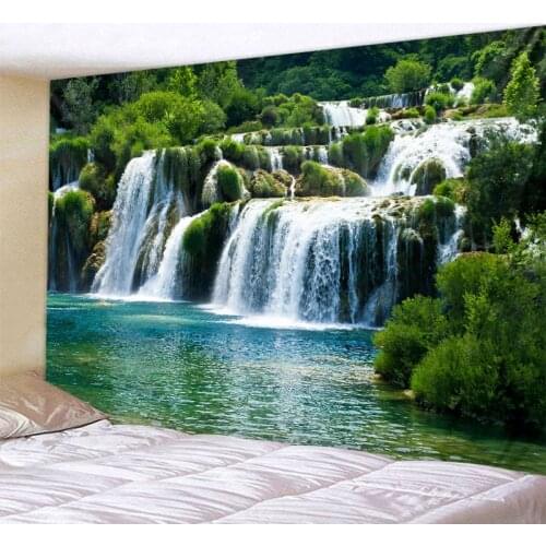 Beautiful Forest Waterfall Tapestry Starry Sky Tapestry Bohemian Home Art Deco Hippie Yoga Mat Sheet Queen Sofa Blanket
