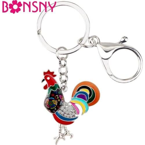Bonsny Metal Enamel Rhinestone Floral Chicken Rooster Key Chains Keychain Rings Jewelry For Women Girls Pendant Bag Car Charms