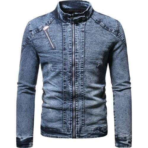 New Retro Mens Denim Jacket Pure Color Casual Mens Jeans Jacket Fashion Plus Velvet Stand Collar Mens Denimjacket Pilot Mens