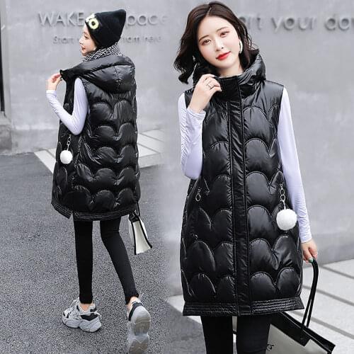 Solid Hooded Womens Winter Vest Long Style Thick Female Sleeveless Waistcoat Cotton Padded Vest Jacket With Pocket